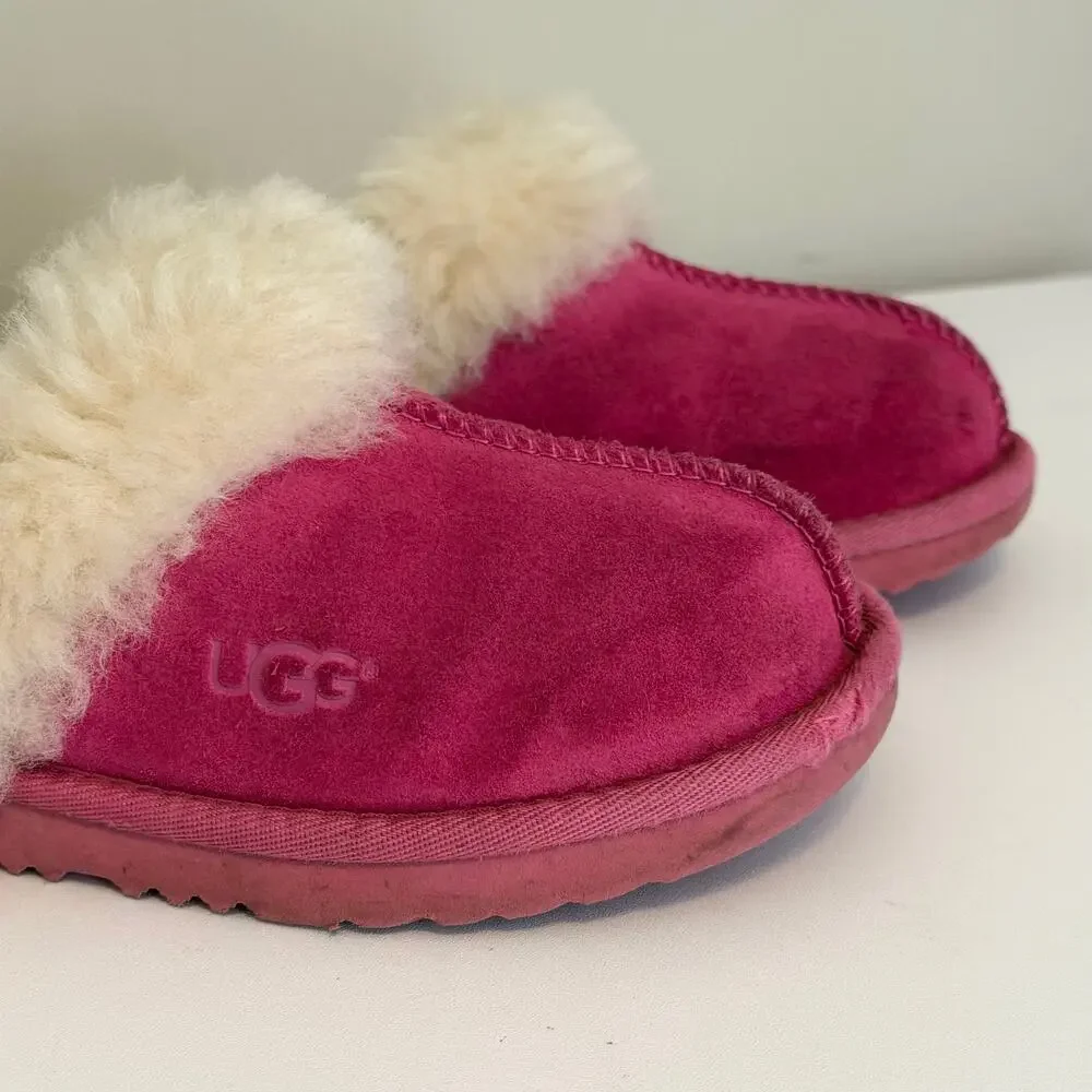 UGG Cozy II Suede Slippers Kids 2 Pink Shearling Fur Lining Winter Warm 1019065K